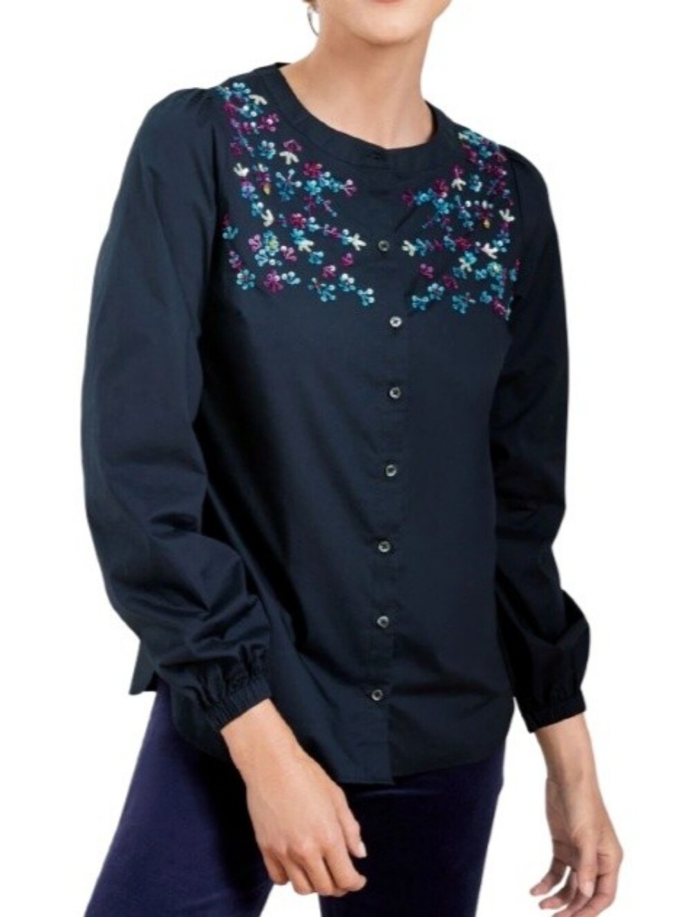 Talbots Embellished Poplin Blouse Dark Navy Blue NWT Button-Up 100% Cotton